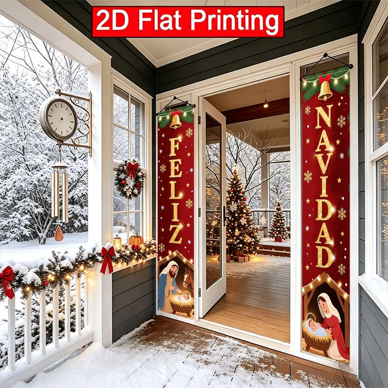 2D Flat - 2pcs 2D Flat Spanish Merry Christmas Theme, 30.48X179.83 cm Polyester Door Couplets, Classic Horse Trough Birth Scene Design, Suitable for R