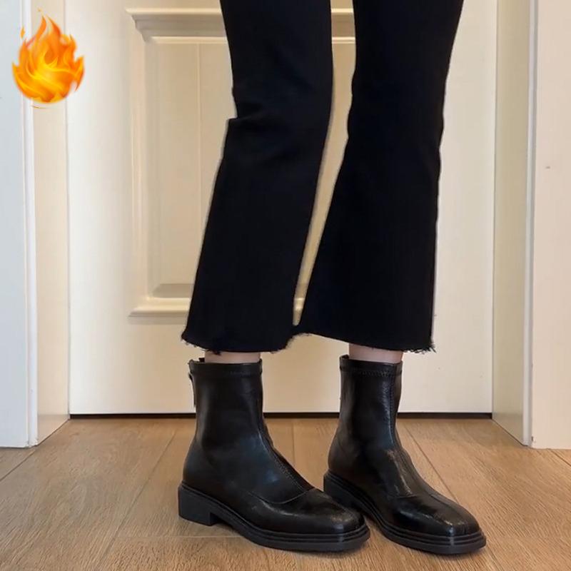 Autumn Winter Cosy Soft Leather Women Ankle Boots Fashion Square Toe Shoes Modern Stretch Slim Short Botas Para Mujer