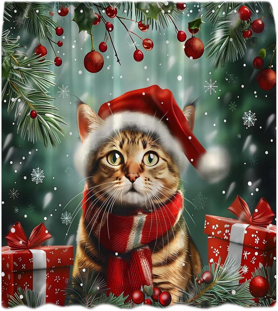 Christmas Shower Curtain Cute Cat Red Xmas Ball Snowy Pine Tree Leaves Snowflake Snow Winter Forest Nature Scene Funny