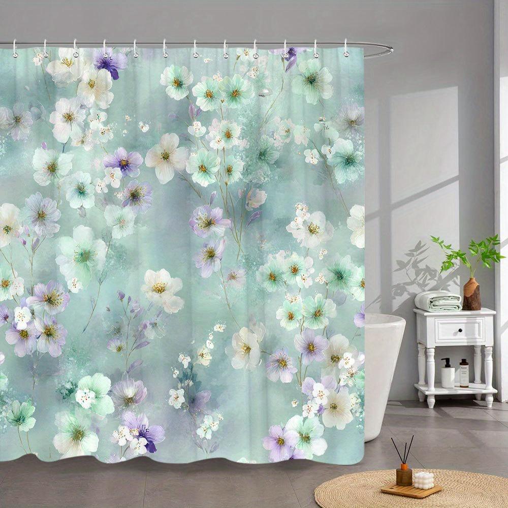 

1Pc Dreamy Peonies Bath Curtain - Vintage Floral Botanical Illustration With Pink & Blue Blooms On Muted Teal, Machine-Washable W60H190(CM)-1 Pcs