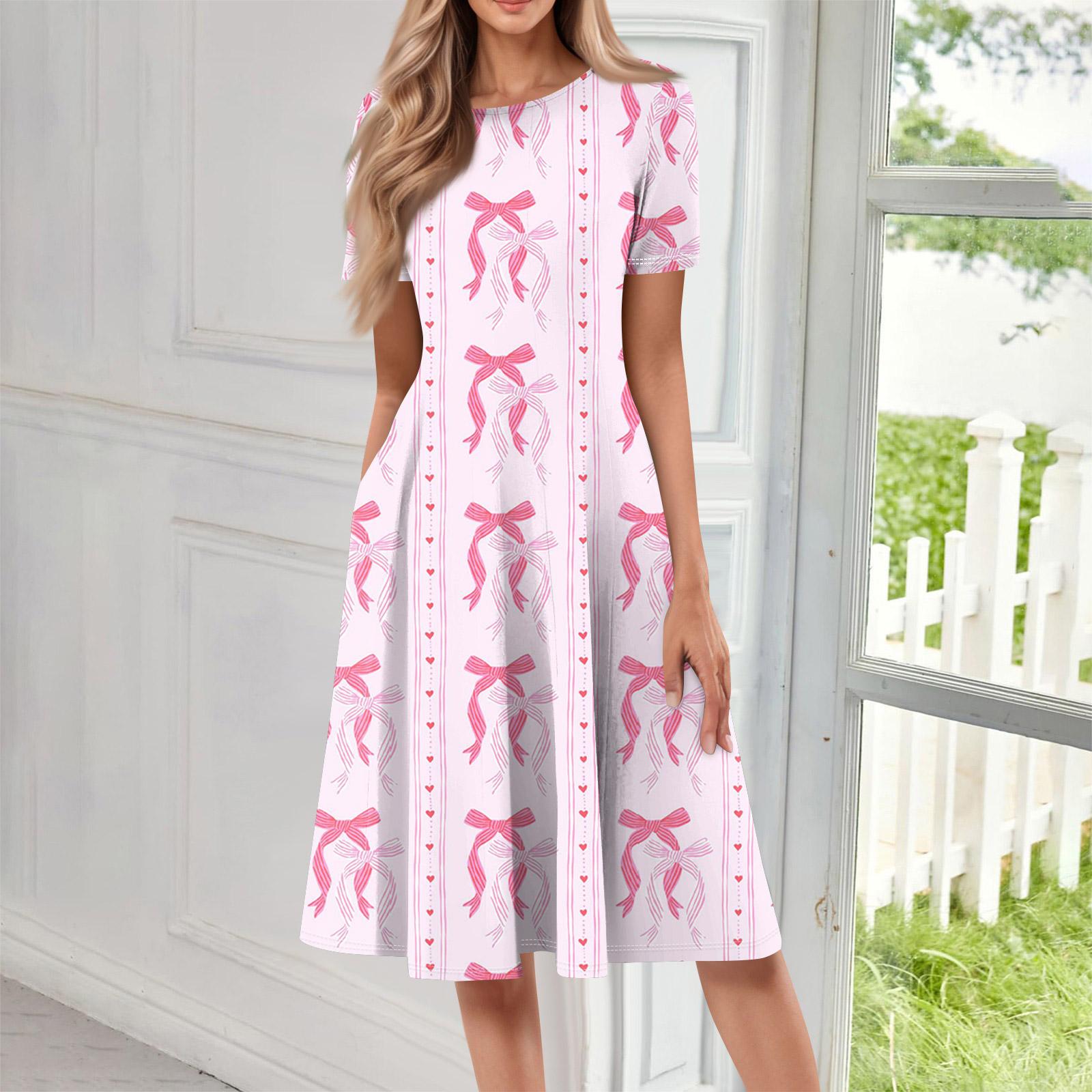 Women Casual Printed Round Neck Short Sleeved Long Dress M