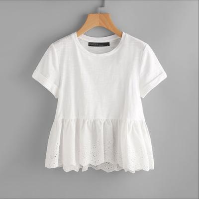 Women Casual Crochet Patchwork Summer O-neck Short Sleeve T-Shirts
