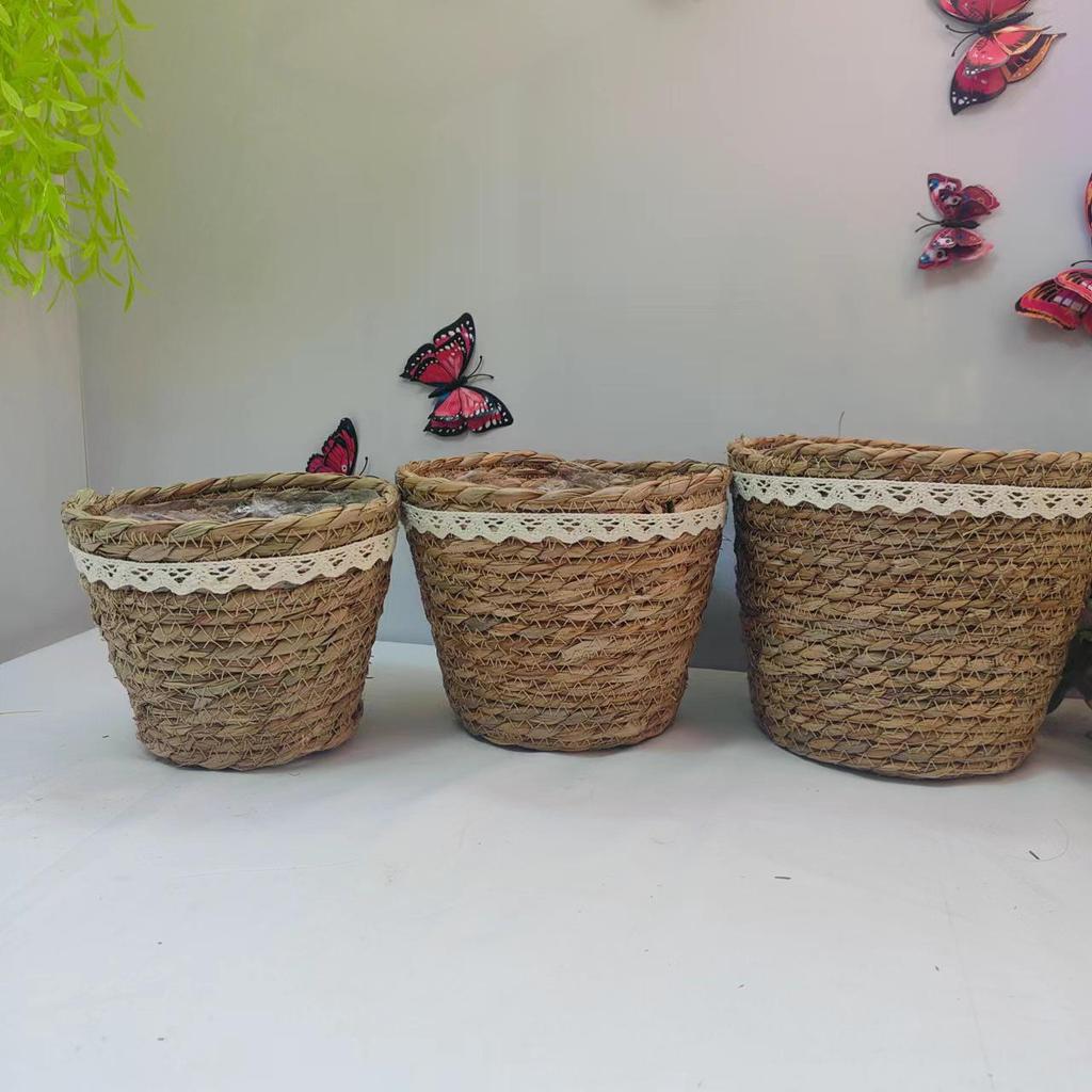 Nordic Seagrass Woven Flower Pot - Little Bear Hug Design for Simple Living Room Decor