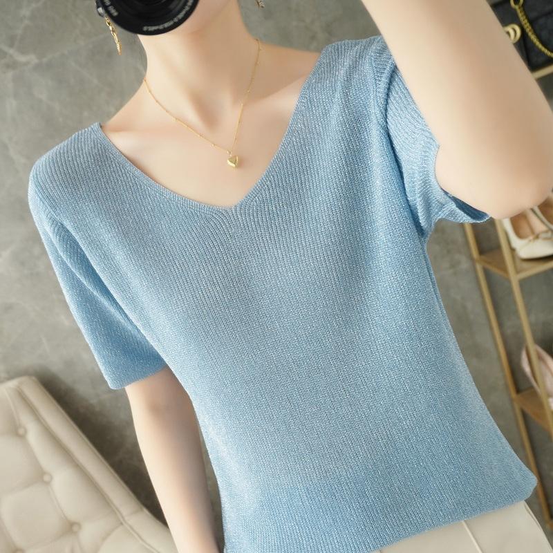V-neck Sweater Thin Short-sleeved Women's Summer Loose Versatile T-shirt Close-fitting Comfortable Top