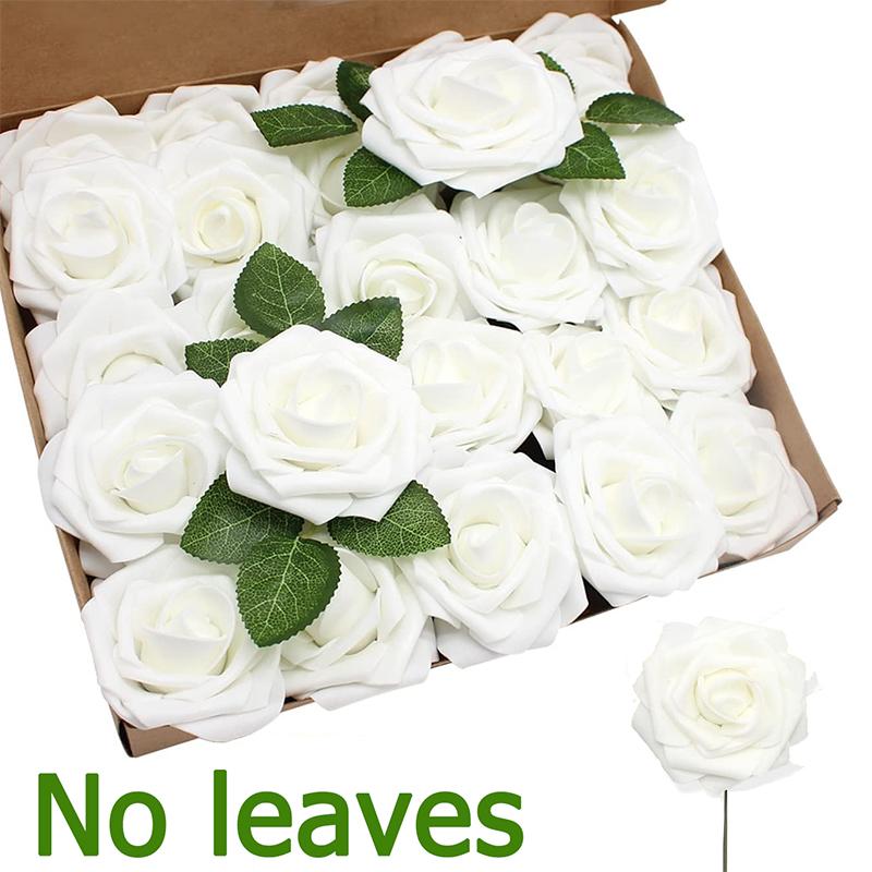 100/10Pcs Artificial Flowers Fake Rose Heads with Stems Valentines Day Gift DIY Wedding Bouquet Decorations Green Leaves