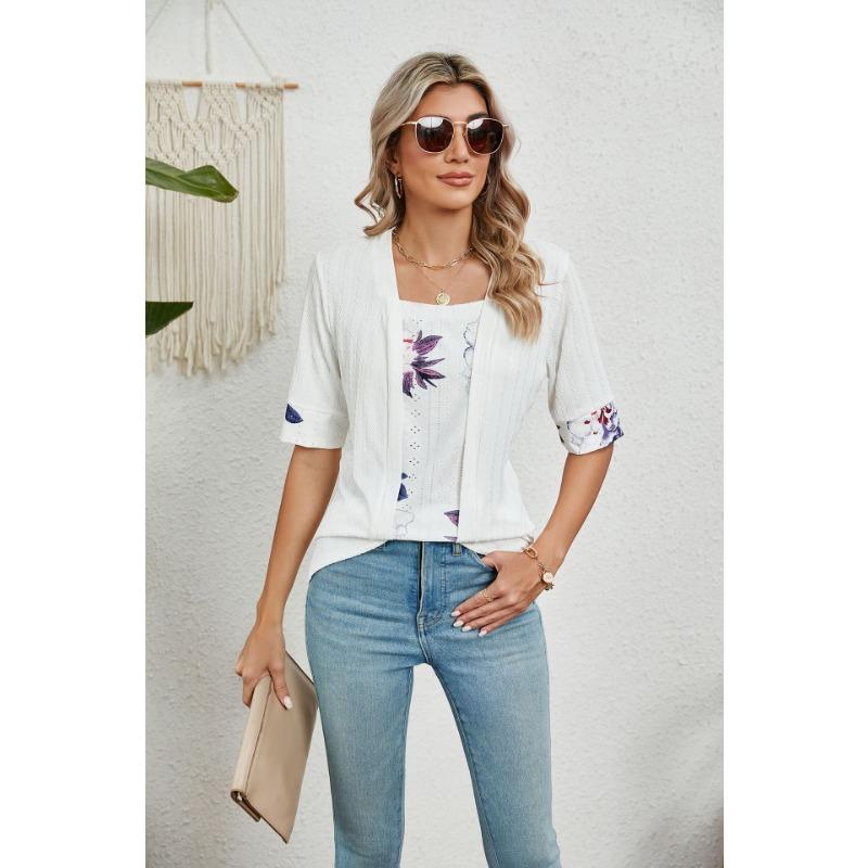 Camiseta feminina de verão com estampa falsa de duas peças, gola quadrada, manga média