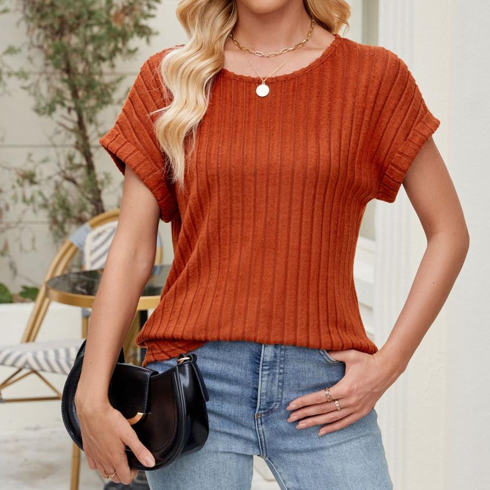 

Однотонный топ с круглым вырезом и полосками пике, повседневная женская футболка с коротким рукавом XXL кирпич красный