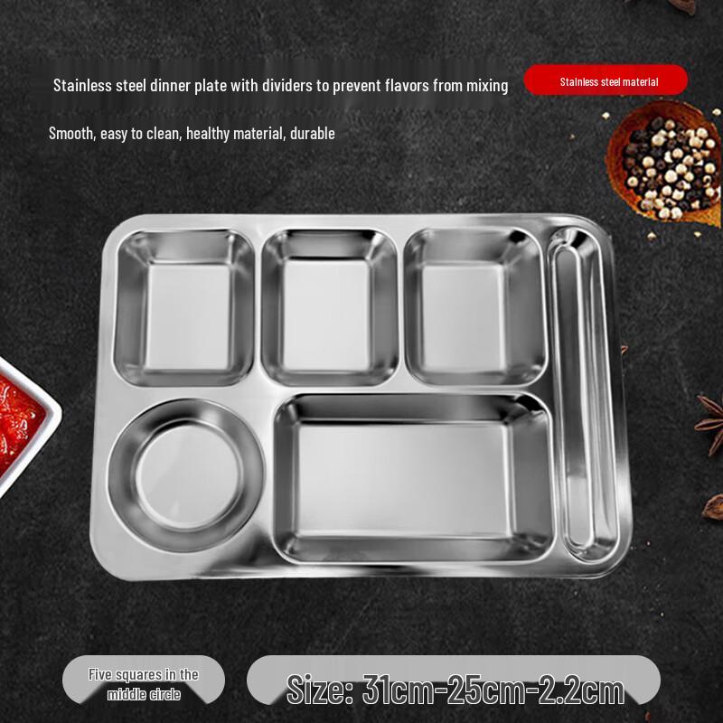 304 Stainless Steel 5-Compartment Deep Canteen Lunch Tray with Chopstick Slot