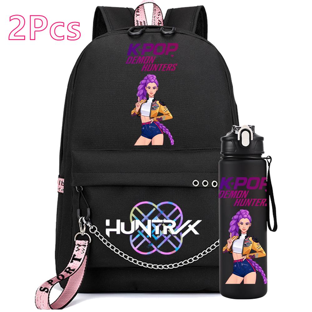 2Pcs/set Anime Cute Kpop Printed Backpack with 750Ml Water Bottler for Teenager Girl Boy Bookbag Kid Gift Large Capacity Travel Bag Rucksak