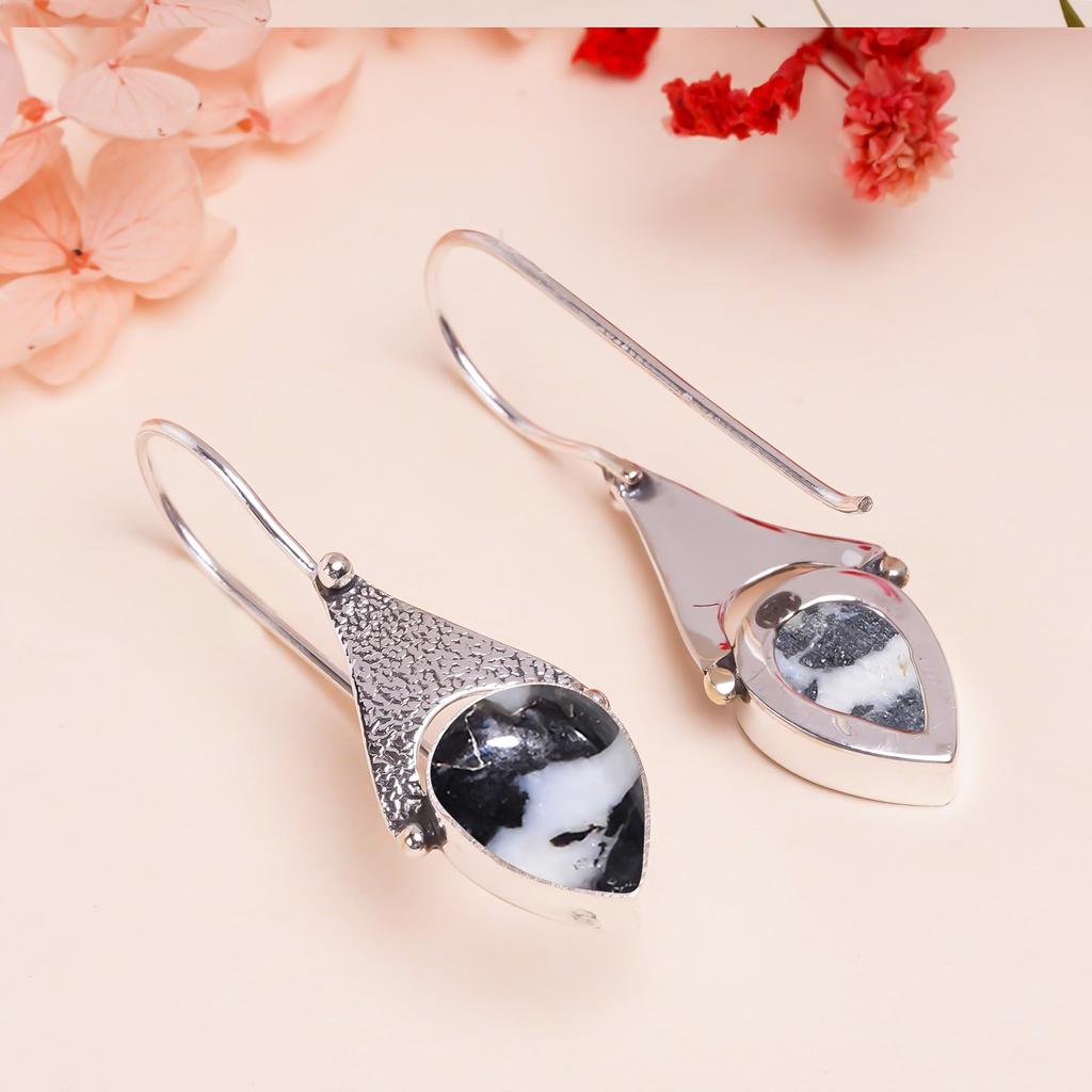 White Buffalo Turquoise - Nevada 925 Sterling Silver Earring V9673, Black & White Earring, Pear Earring, Valentin's Day Gift, Gift For Her, Birthday G