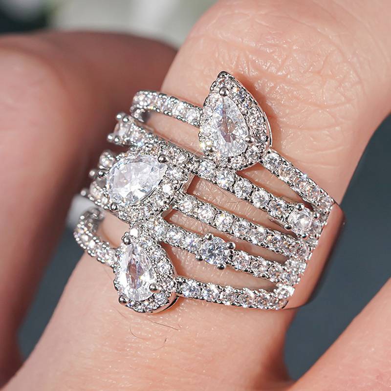 

Huitan Multi-layer Design Luxury Ring for Women Wedding Anniversary Charming with Pear Shaped Shiny CZ Accessories Zircon Gift 5