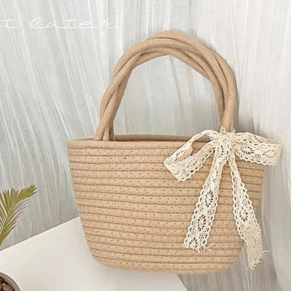 Filo di Cotone Corda di Cotone Intrecciata Borsa Intrecciata Colore Puro Boho Cesto Portaoggetti Forma a Secchiello Leggero Cesto da Shopping Vacanza al Mare