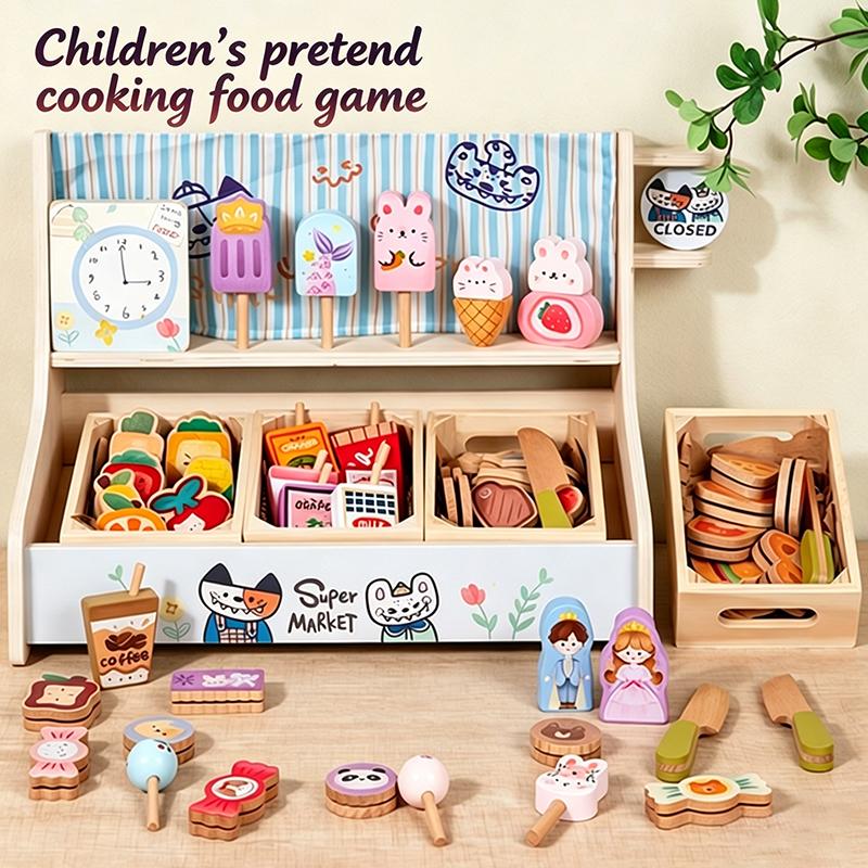 Conjunto de Brinquedos de Cozinha de Madeira para Brincadeiras de Faz de Conta Gancho Magnético Velcro Frutas Legumes Carne Sobremesa Brinquedos Educativos de Role Play