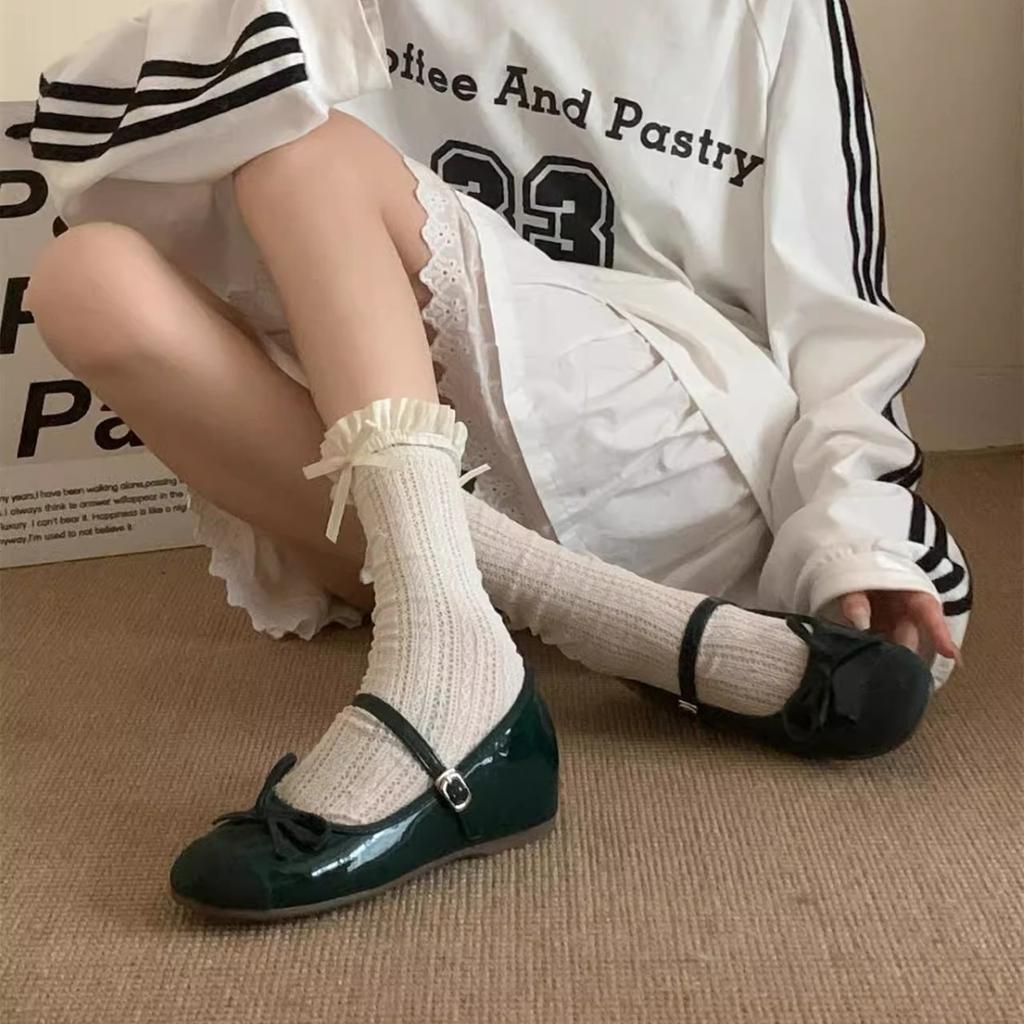 French square head splicing one-word with flat ballet shoes 2025 spring and autumn new gentle bow light mouth single shoes