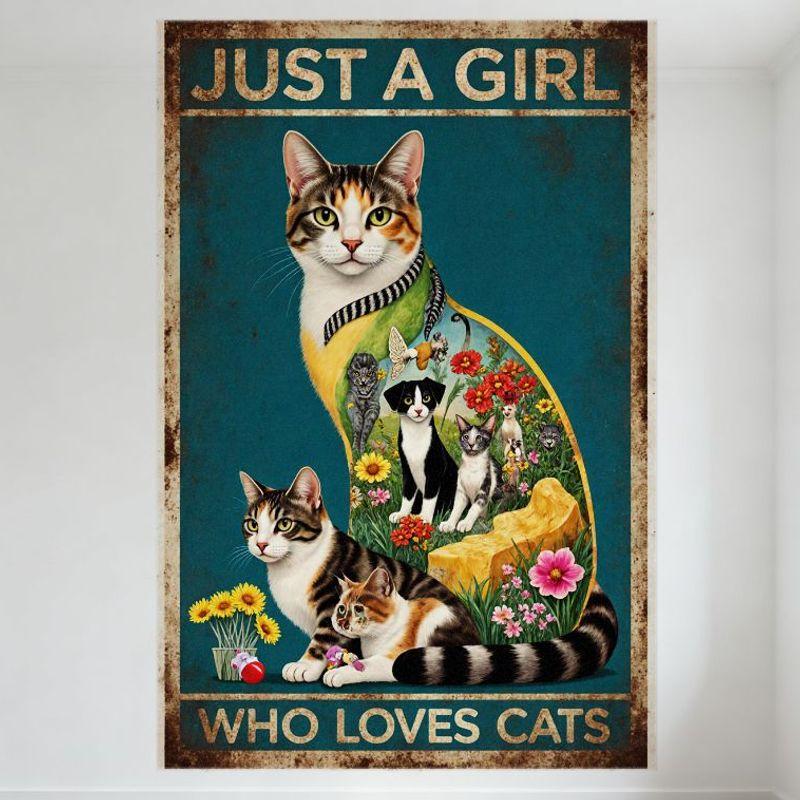 

Vintage Just A Girl Who Loves Cats Calico Cat Metal Tin Sign - Retro Weathered Border Wall Decor with Large Cat Illustration f 20x30cm（7.8x11.8inch）