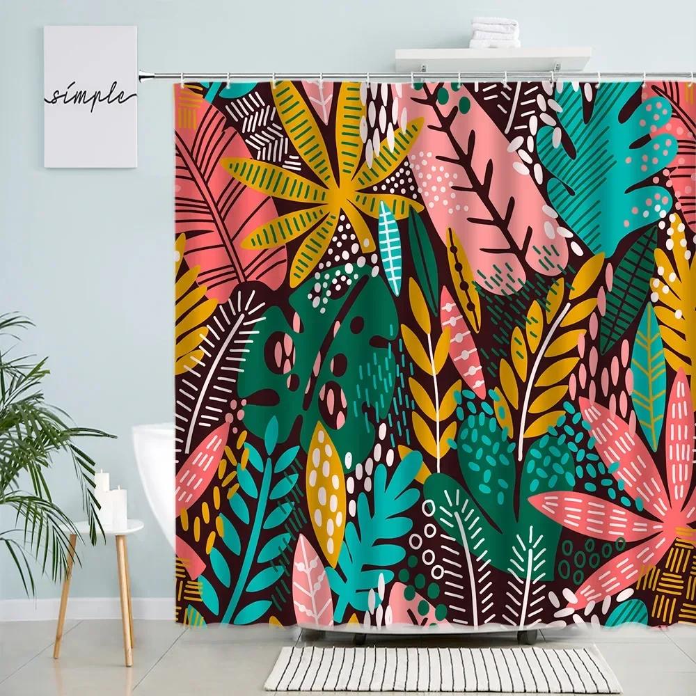 Leaves Shower Curtains Tropical Plant Monstera Palm Leaf Creative Mid Century Bath Curtain Sets Fabric Bathroom Decor With Hooks