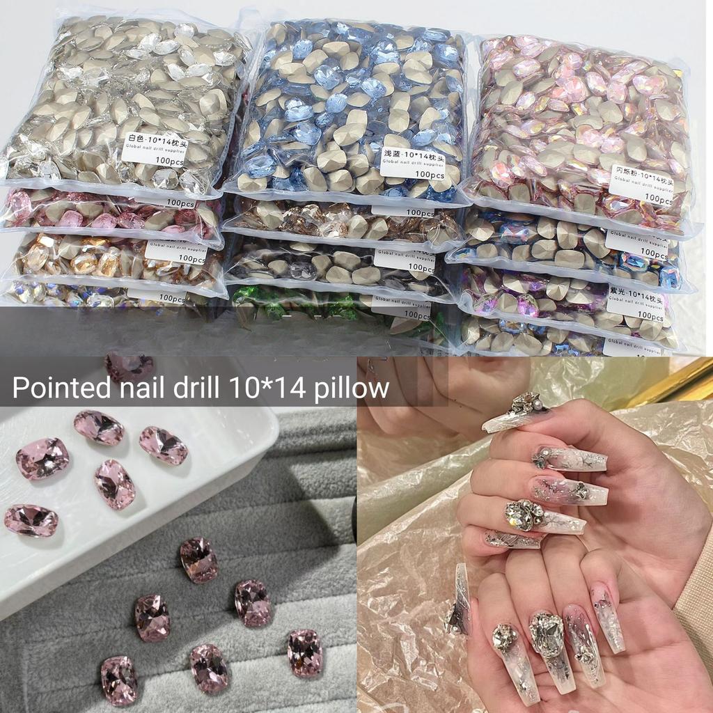 10 * 14Mm Špičaté dno Velký polštář Manikúra Diamantové sklo Zaoblený roh Nehtové doplňky DIY Manikúra Šperky Křišťálový manikúrní diamant