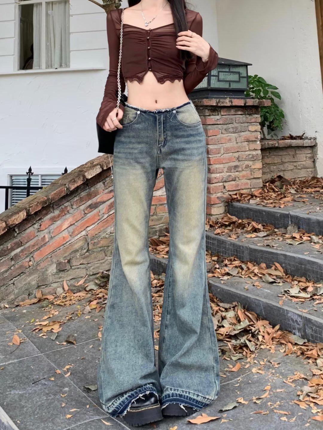 

Женские расклешенные джинсы в стиле ретро: Низкая талия, облегающие широкие штанины, длина до пола - лето/осень 2024 г. Medium синий