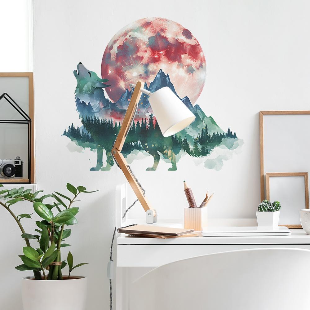 Howling Wolf at Moon Mountain Forest Wall Sticker Self-Adhesive Removable Bedroom Living Room Hallway Dorm Nature Landscape Home Decor Art