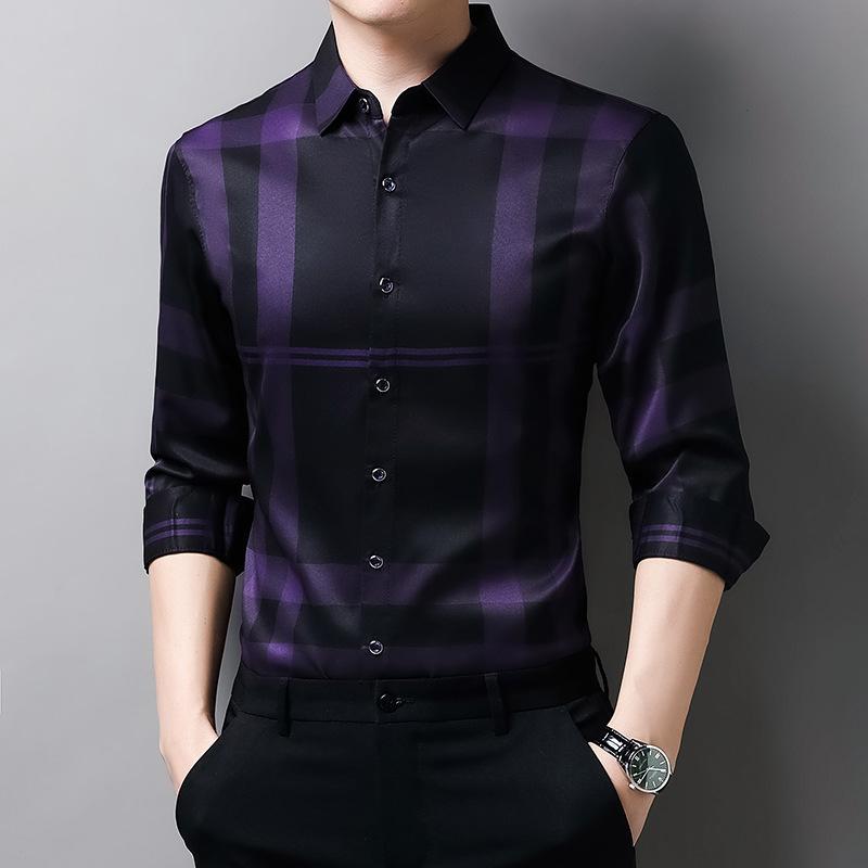 Spring and Autumn Men's Plaid Long-sleeved Shirt Middle-aged Thin Casual Lapel Shirt Men's Clothes