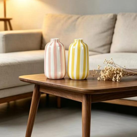 Ornamenti in Ceramica a Forma di Vaso Rotondo Compatto con Strisce Fresche Multicolore Vaso da Libreria per Fiori Decorazione da Tavolo