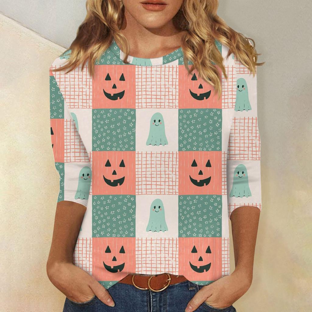 Women's Fashion Casual Three-quarter Sleeve Halloween Printed Round Neck Top