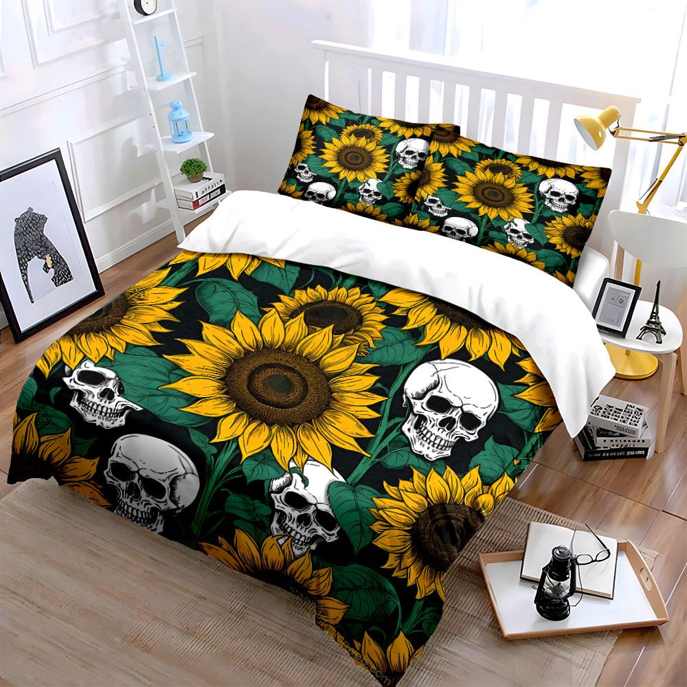 "Sunflower and Skull Art Design" Exquisite Three-piece Bedding Set Gift for Kids and Adults