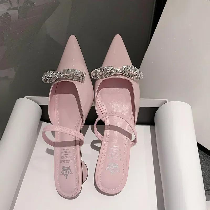 Women Patent Pink Slippers Spring Summer Flats  New Pointed Toe Dress Shoes Designer Elegant Shallow Party Zapatillas Mujer