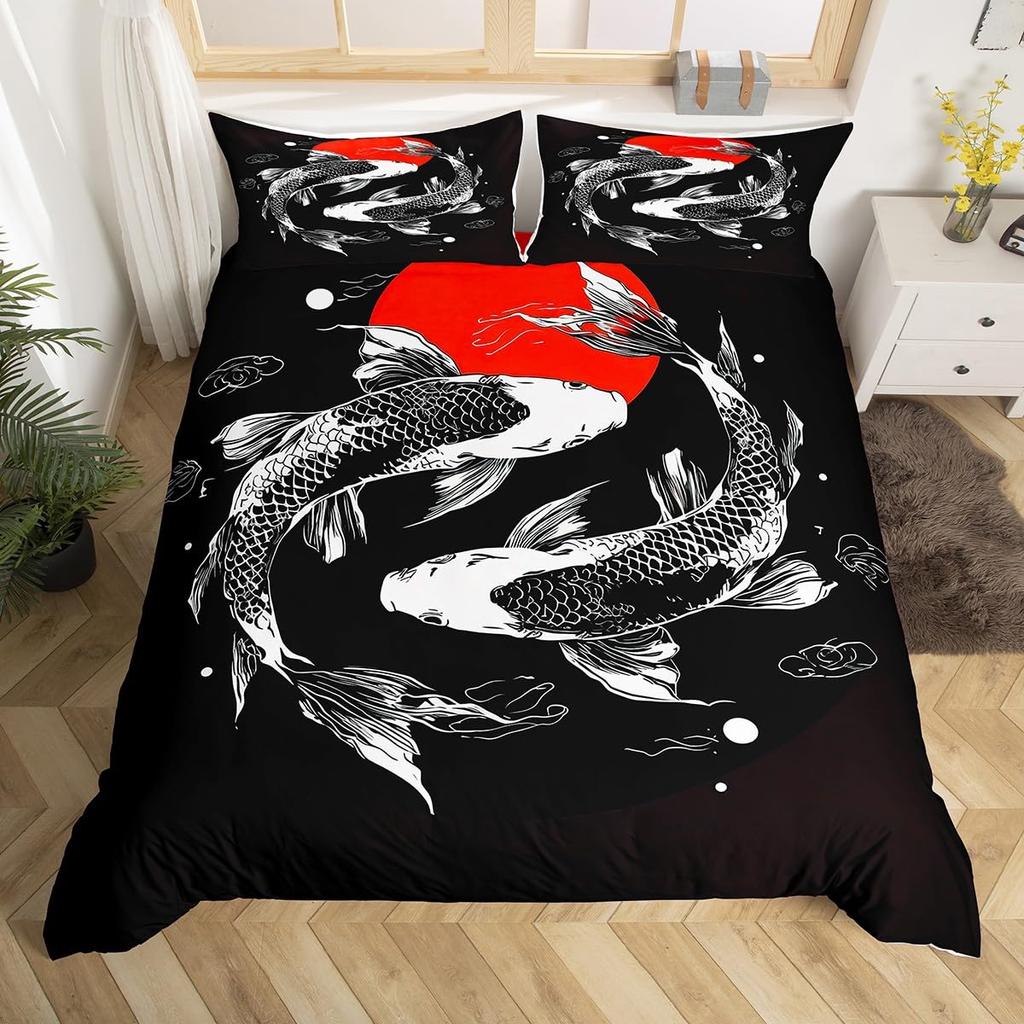 Koi Duvet Cover King Cherry Blossom Japanese Ukiyo-e Bedding Set Sakura Marine Animals Comforter Cover,Pink Romantic Quilt Cover