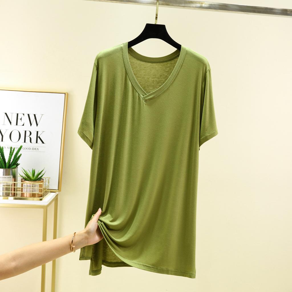 Damen V-Ausschnitt Kurzarm T-Shirt Lockerer Schnitt Lässiges Modal Strickoberteil Einfarbig Sommer Mittellanges Layering-Shirt