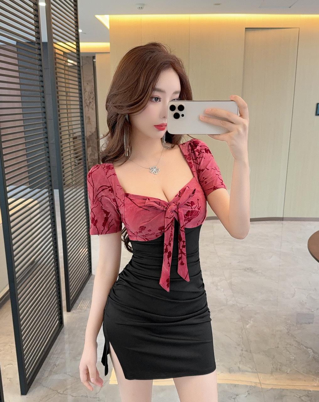 Tea break contrasting color dress women s summer new sexy low-cut small hip skirt S красный