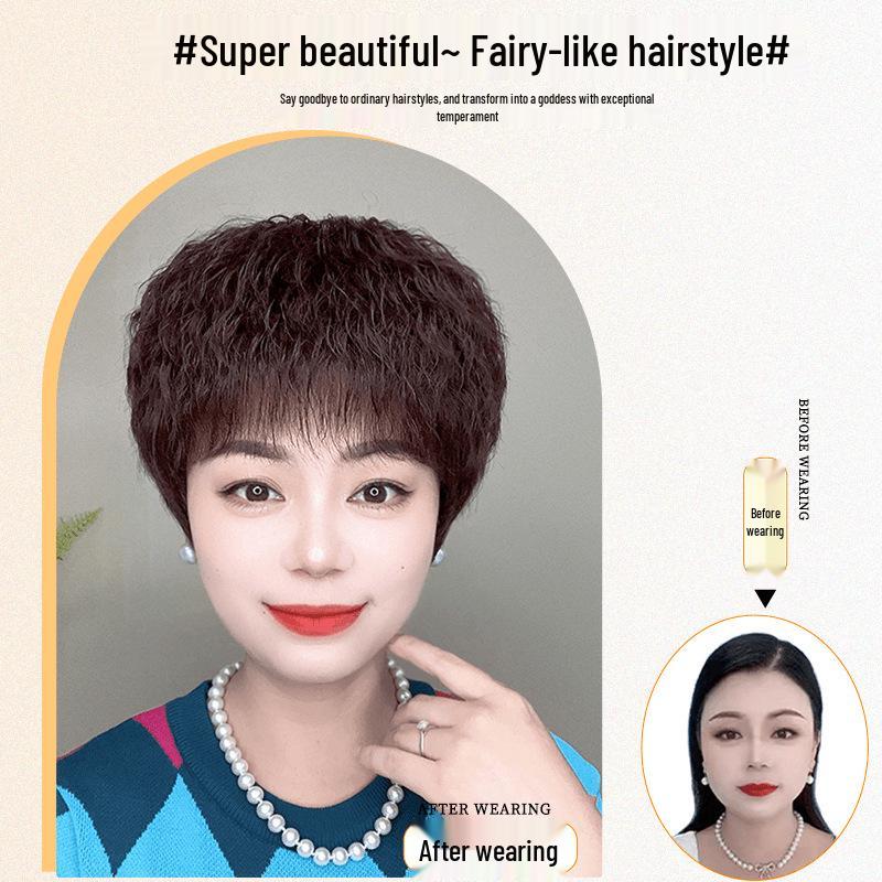 Curly Wig Cap for Middle-Aged & Elderly Women - Real & Synthetic Hair Blend