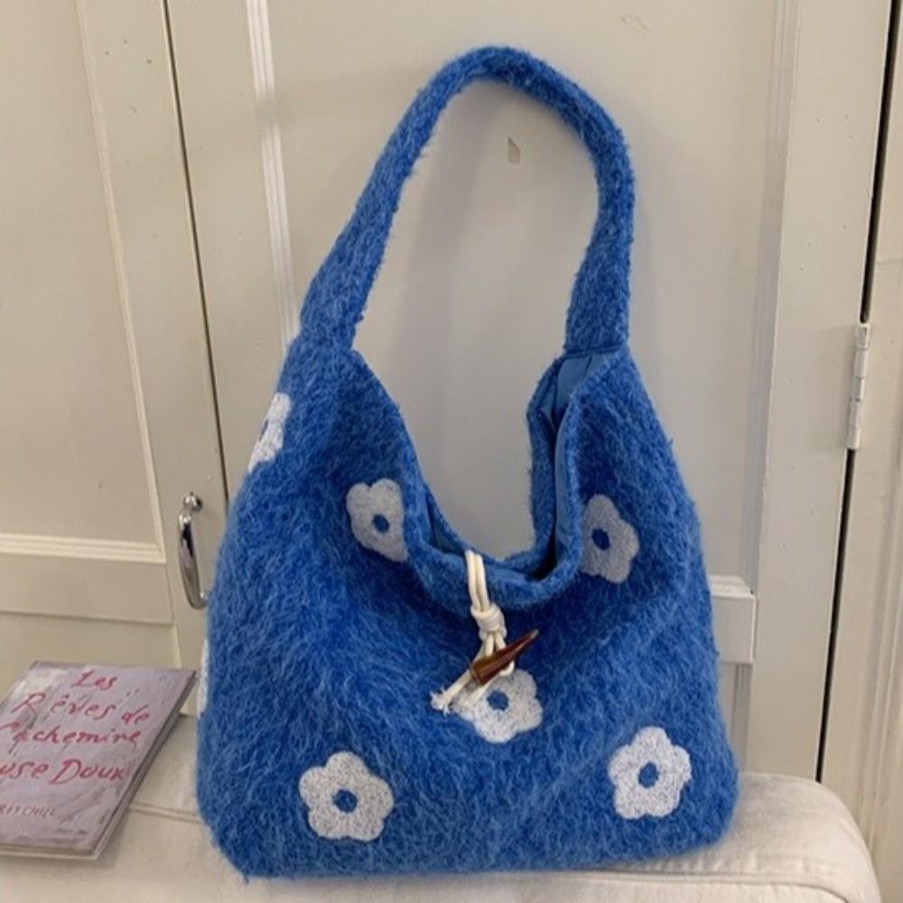 Large Capacity Plush Tote Bag Soft Polyester Lining Floral Handle Bag Underarm Bag  Ladies Purse