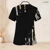 Women Plus Size Nurse Scrub Top V Neck Short Sleeve Black Gold Printed With Front Pockets