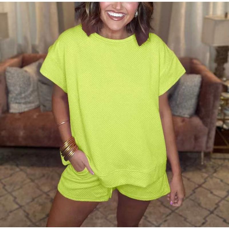 YYFS Moda dame ocazional vară primăvară culoare uni imprimeu mâneci scurte cu gâtul O pantaloni pantaloni costume