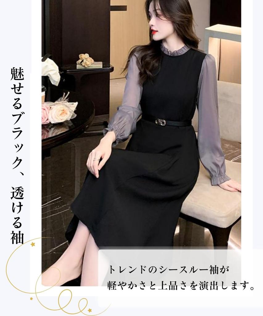 Elixio Formal Midi Summer Dress, A-Line Dress, Skirt, See-Through, Belted, Contrast-Embroidered, Slimming, Black, (JP, Alphabet, XL, Black)