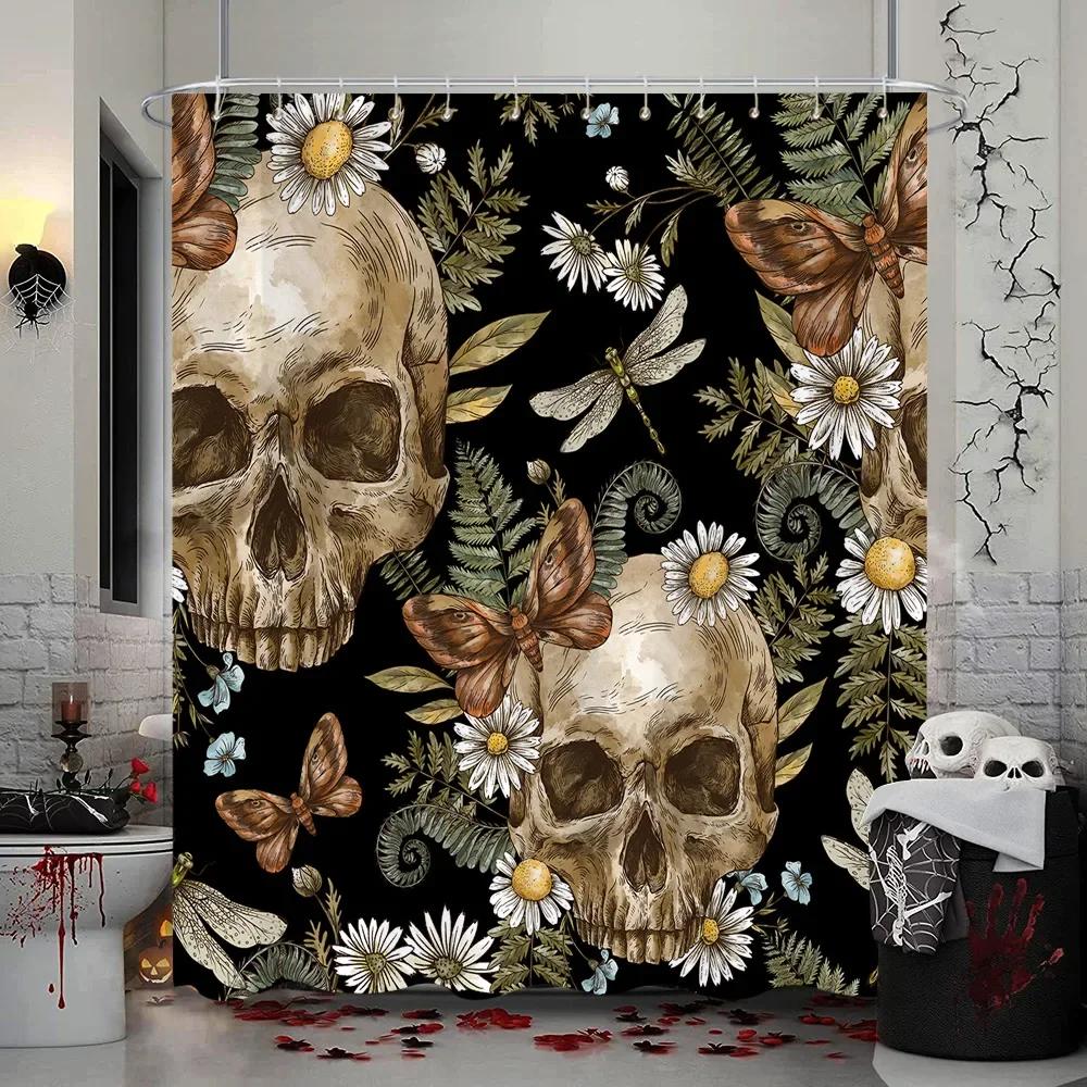 Halloween Skull Flower Shower Curtain Vintage White Daisy Floral Butterfly Gothic Skeleton Day of The Dead Scary Shower Curtains