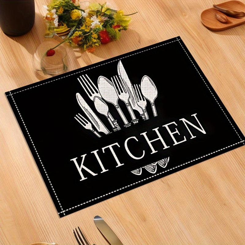 [4pcs Knife & Fork Placemats] 4pcs Linen Placemats | Black Knife & Fork Pattern | Kitchen Fabric Table Mats | Hotel Holiday Party Room Decoration