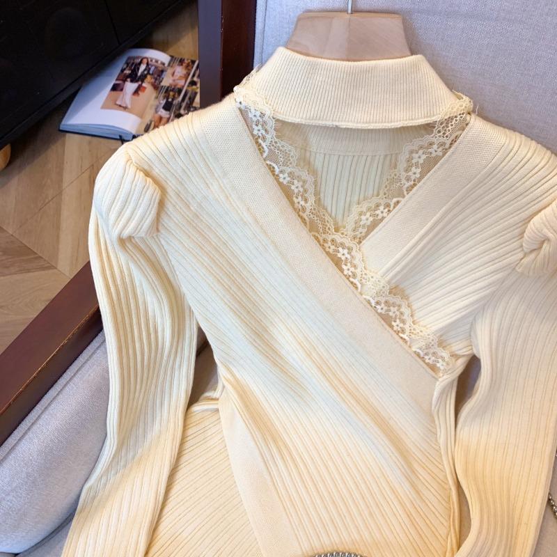 Autumn and Winter Sexy Lace V-neck Knitted Sweater for Women Fashion Slim Fit Base Pullovers Sweaters Women Elegant Solid Casual Knitwear Jumper 25567
