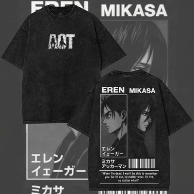 Anime Attack On Titan Eren Jaeger Mikasa Grafik T-Shirt Herren Damen Kleidung Gewaschenes Baumwoll-T-Shirt Freizeit-T-Shirt Harajuku T-Shirt