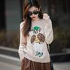 Cozy Cute Bear Embroidered Round Neck Pullover for Autumn/Winter