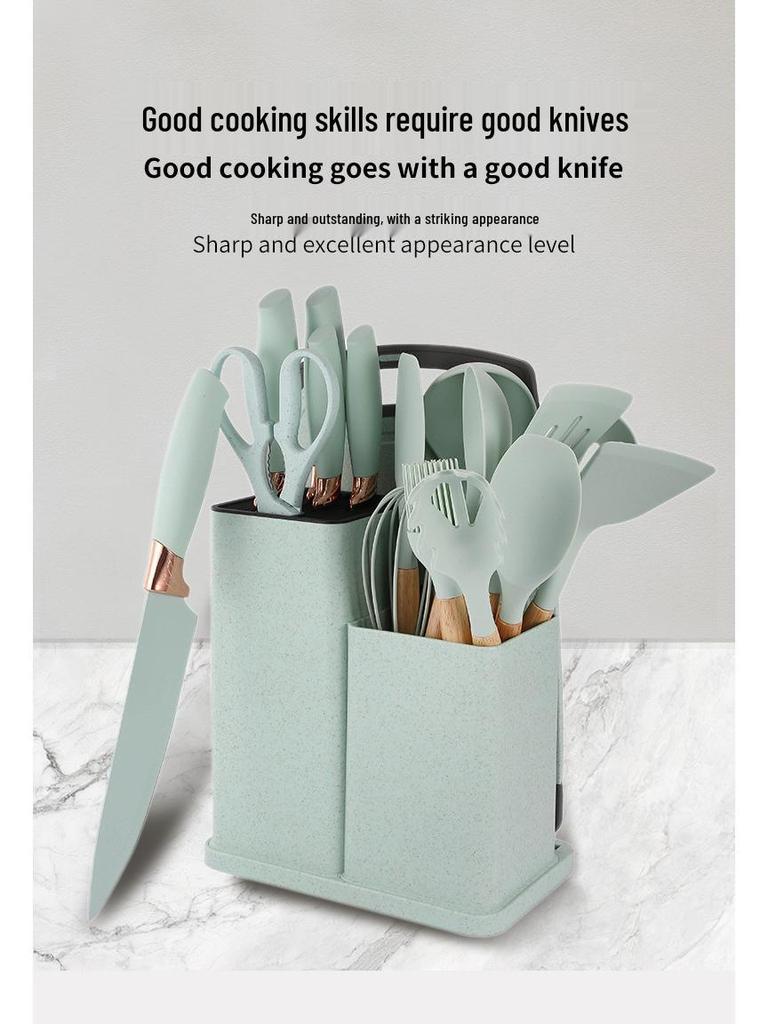 Silicone Kitchenware 19-Piece Set: Non-Stick Pan, Spatula, Soup Spoon, Knife Set with Storage Bucket