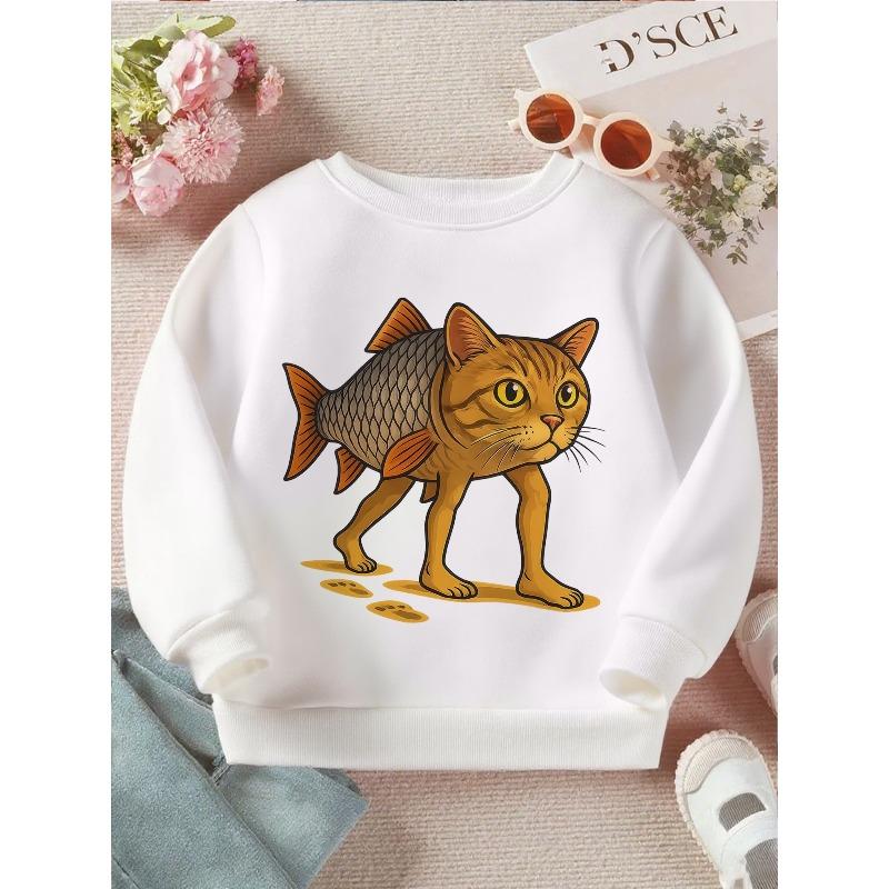 Kids Crewneck Sweatshirt, Cute Mermaid Cat Fish Tail Graphic Print, Soft Cozy Long Sleeve Pullover 110 белый