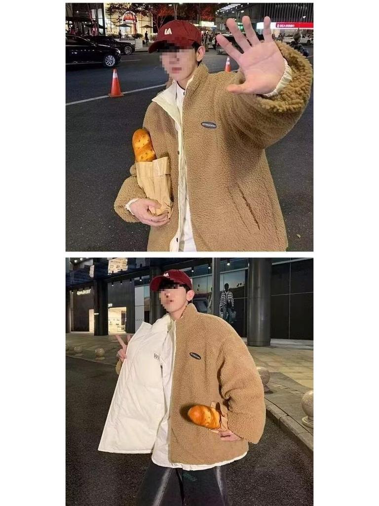 Men's Trendy Reversible Lambswool Cotton Jacket: Winter Velvet Thickened, Loose Fit, Hong Kong Style, Casual Outerwear.