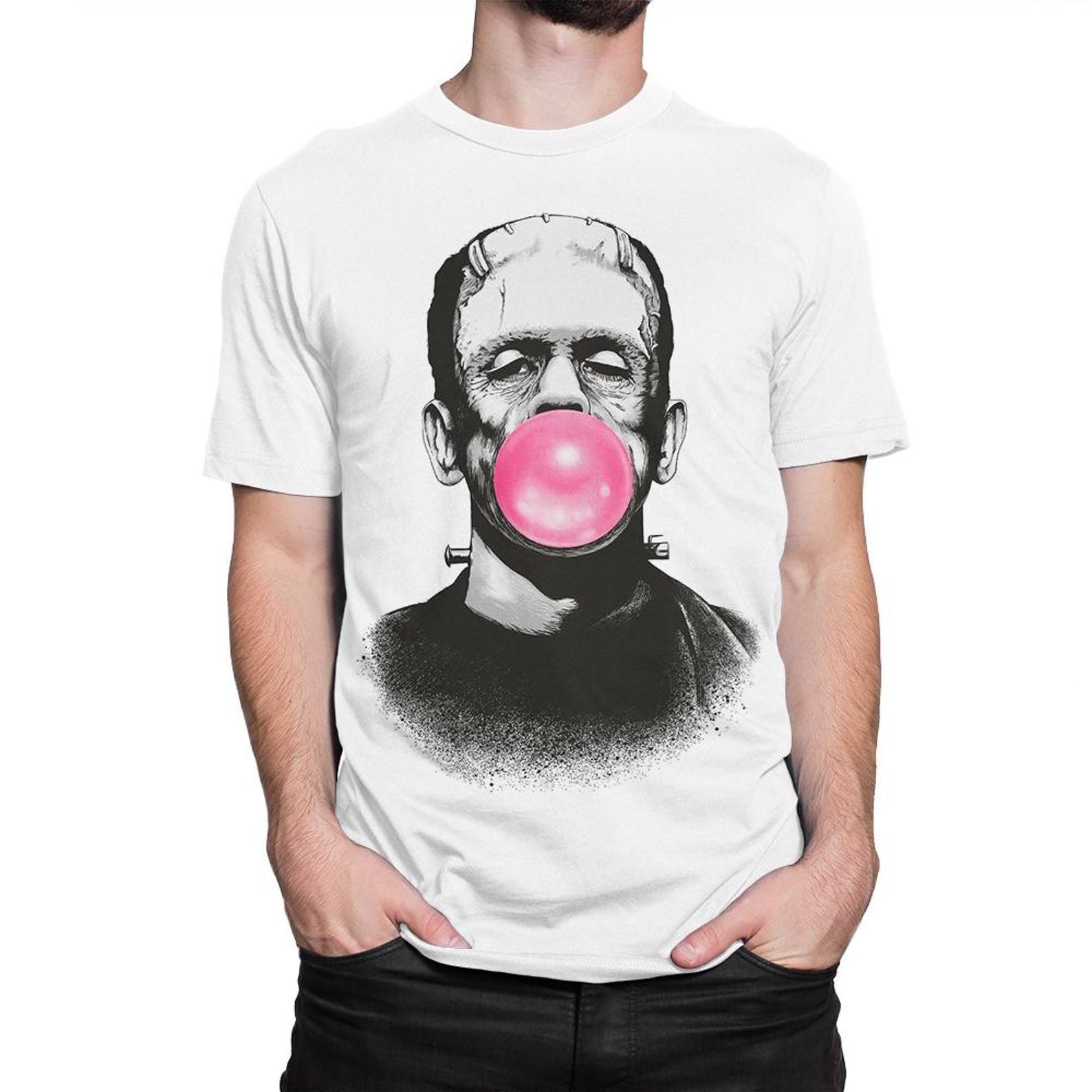 Frankenstein Monster Blowing a Bubble Gum T-Shirt, Men s and Women s Sizes M