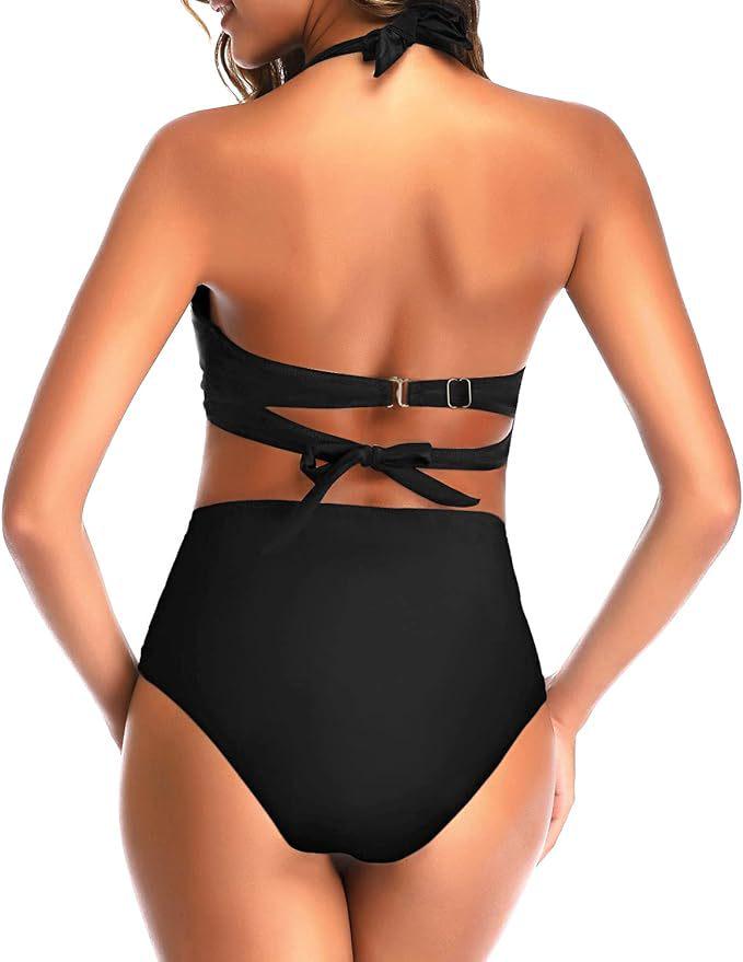 High-Waisted Halter Print Tie-Up Tankini Slimming Bikini