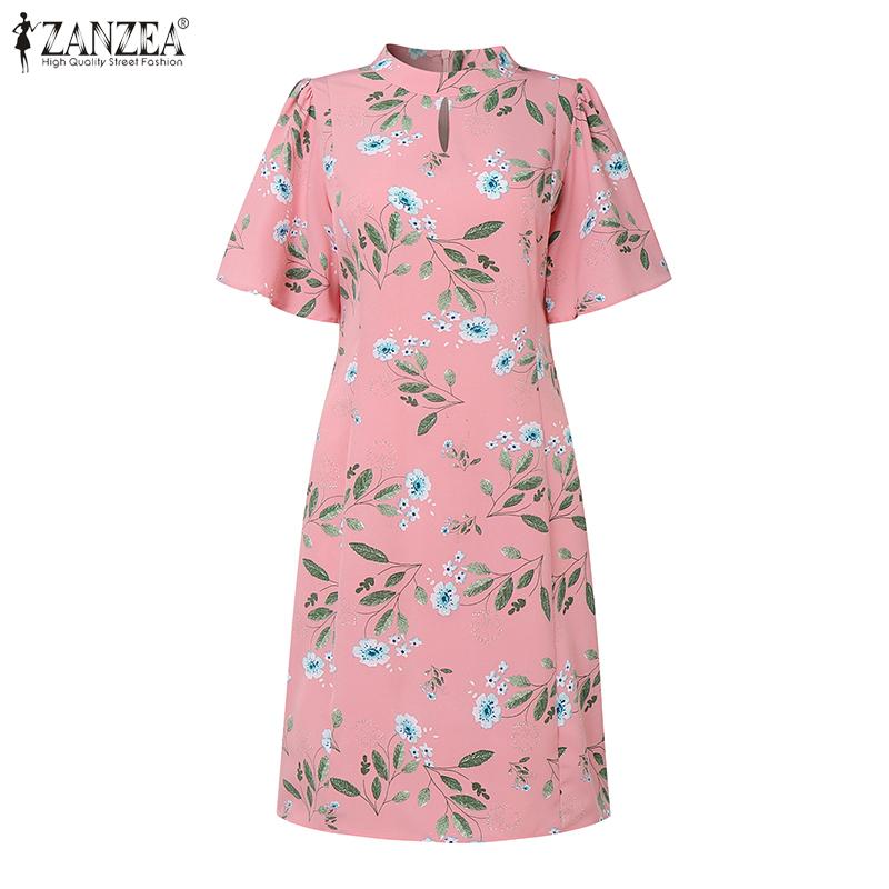ZANZEA Women Casual Round Neck Short Sleeve Summer Floral Dress