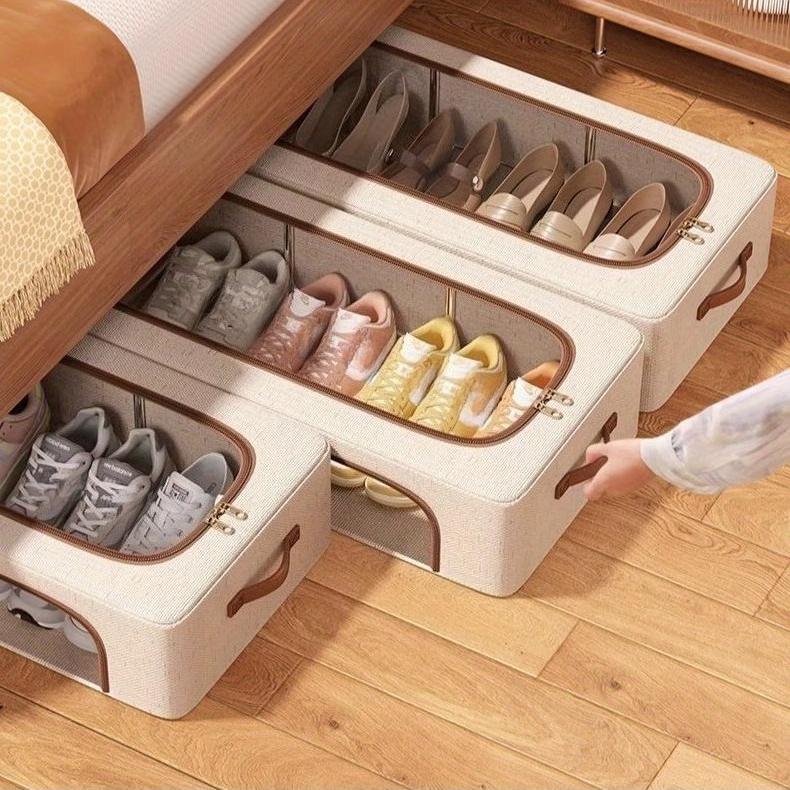 Foldable Shoe Storage Box with Dual Windows - Beige Fabric, Under-Bed Organizer for Sneakers & High Heels, Stackable Design, Shoe Storage Organizer