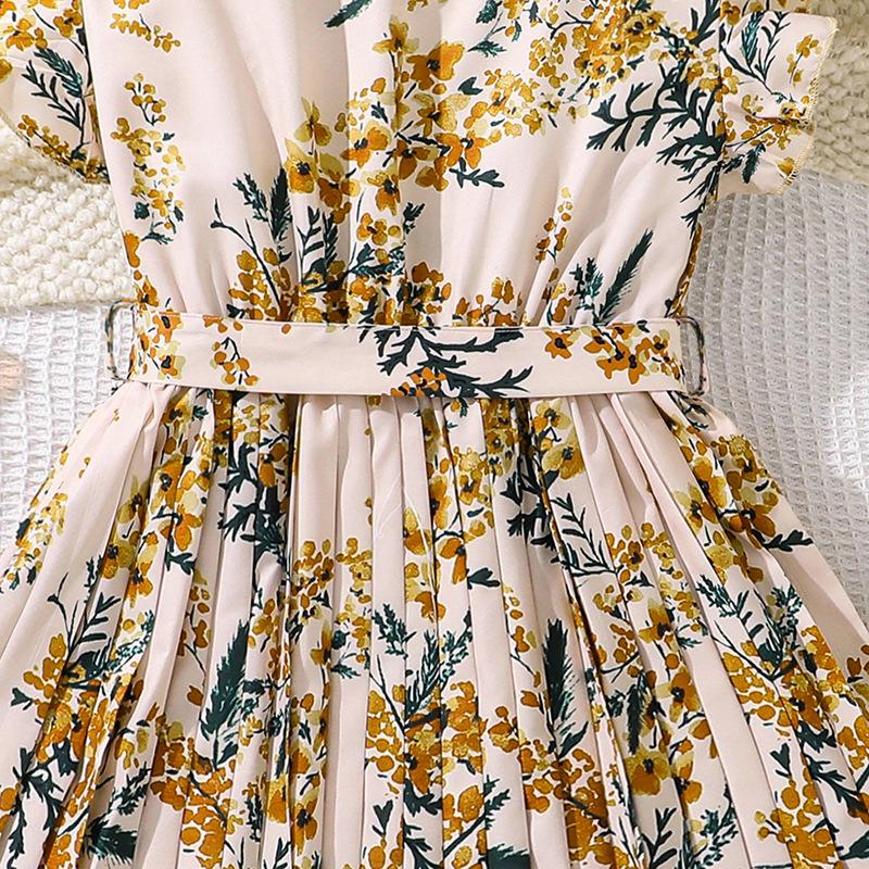 Kinderbekleidung Mädchen Sommerkleidung Französisch Retro Bedruckt Flatterärmel Mittlere Größe Kinder Tailliertes Plissee-Kleid
