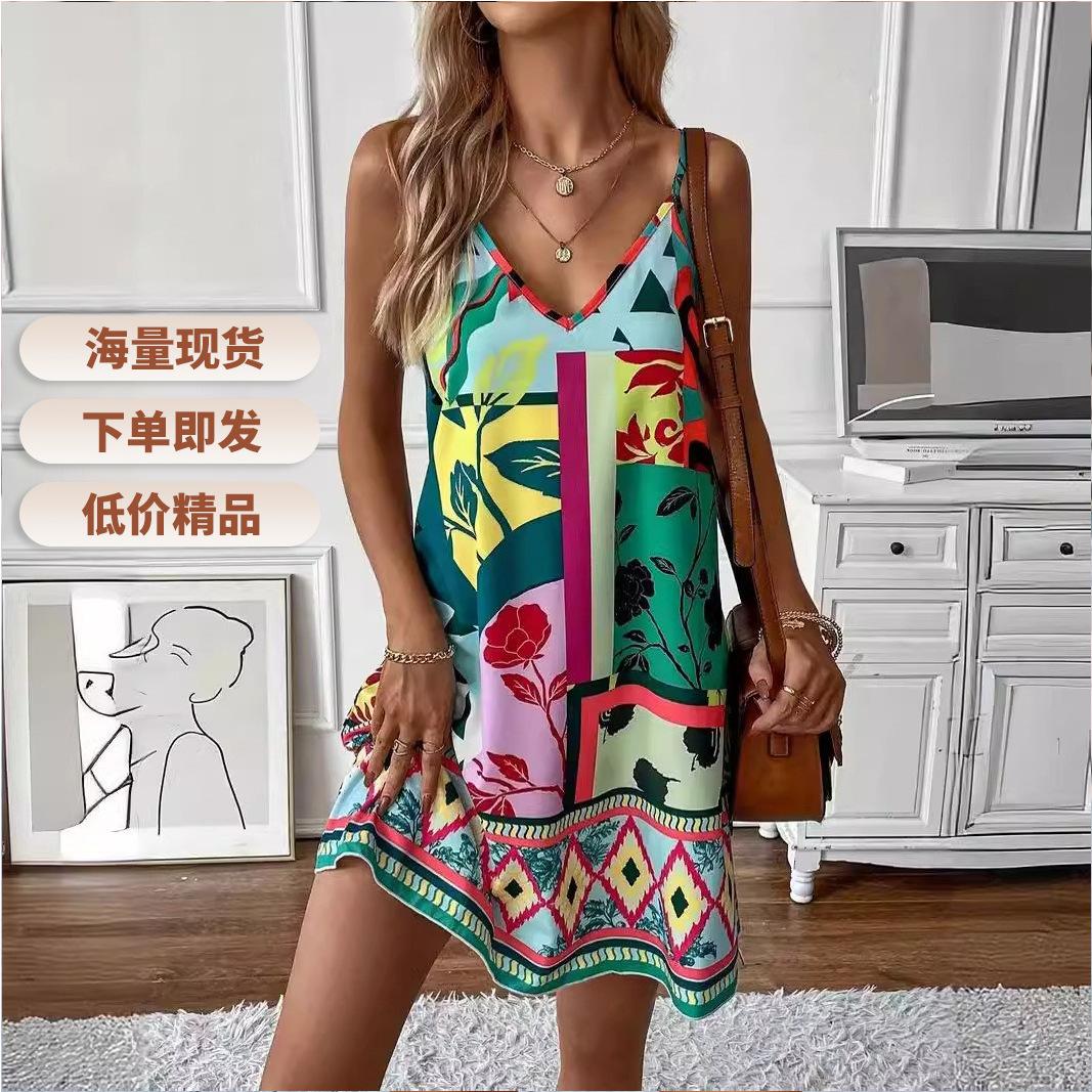 

Women Casual Strap Beach Bohemian Printed Loose One Piece Dress XXL